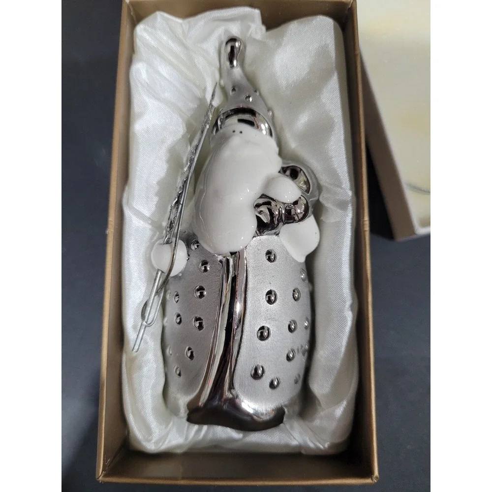 Pier 1 Ceramic Silver & White Santa Figurine Holding Tree - Original box
